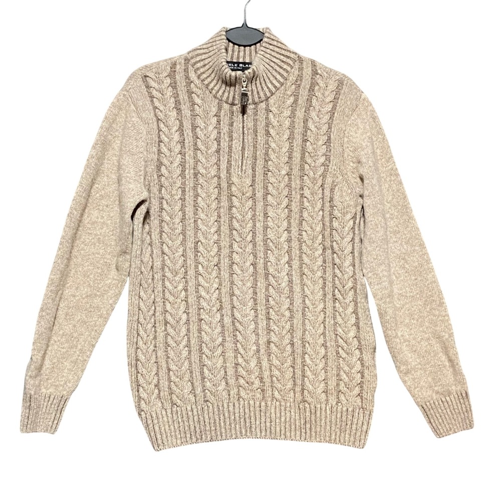 Daniele Blasi Mens L Wool Blend Cable Knit Quarter Zip Sweater Tan Made in Italy